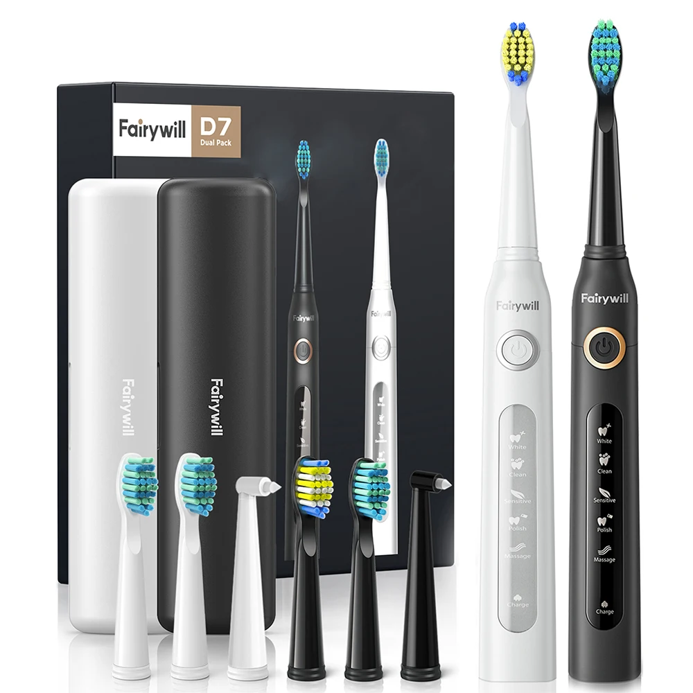 kf-Sd45ce2312cd04a66b023f5d10db1cf62B Fairywill Sonic Electric Toothbrush FW-D7 set USB Charge Toothbrushes case for Adult with tooth brush Heads 5 Mode Smart Time - Image 1